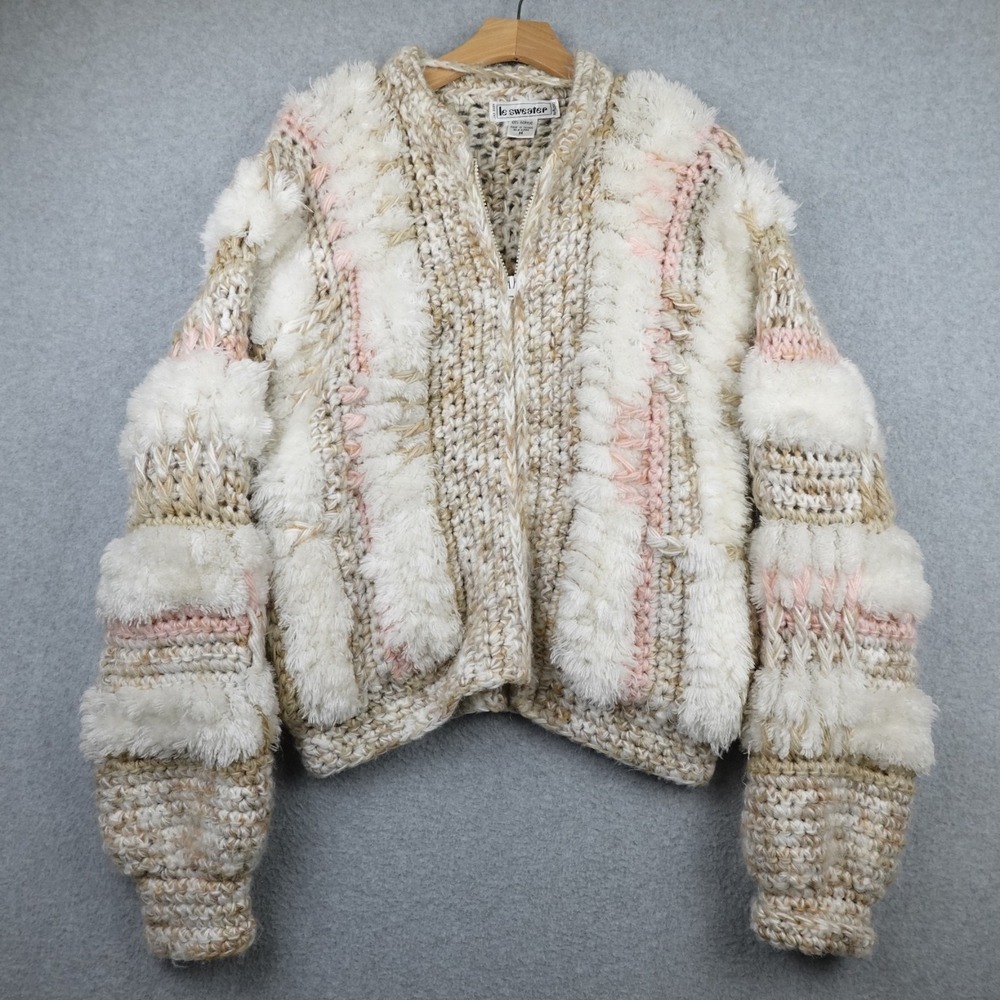 Vintage Le Sweater Jacket Womens Medium Hand Knit Chunky Heavy Acrylic Zip Up